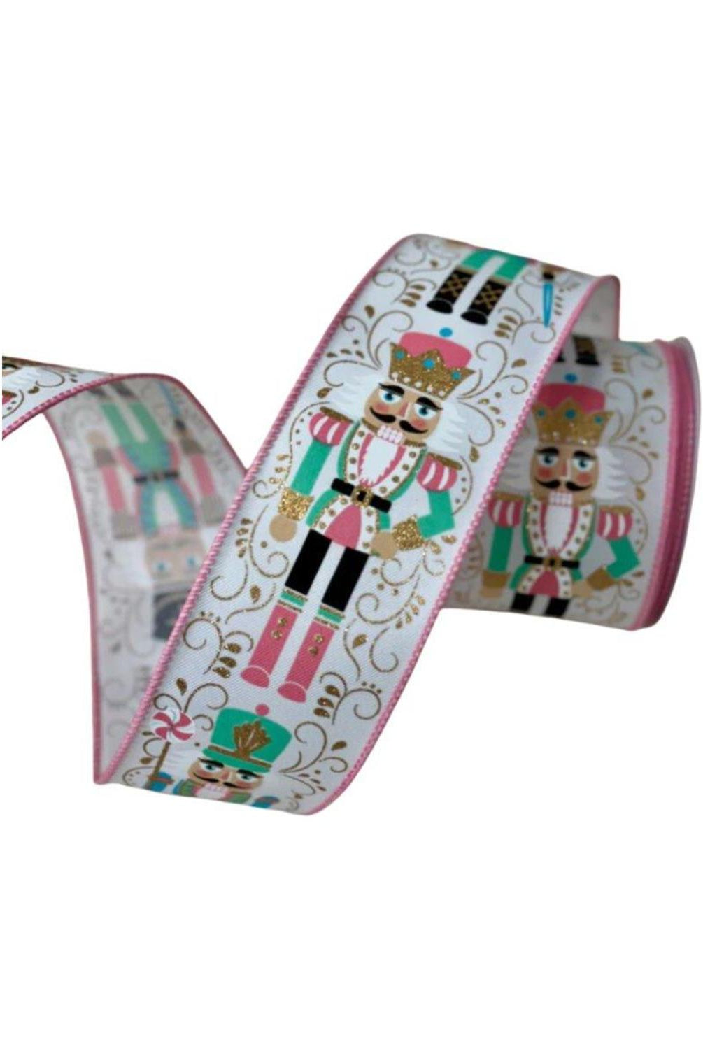 2.5" Nutcracker Ribbon: White/Pink (10 Yards)