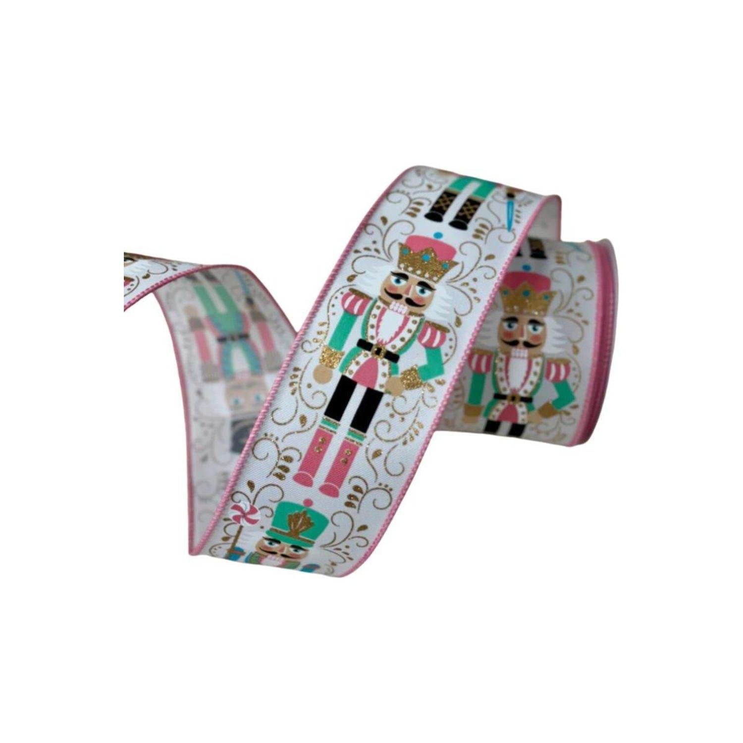 2.5" Nutcracker Ribbon: White/Pink (10 Yards)
