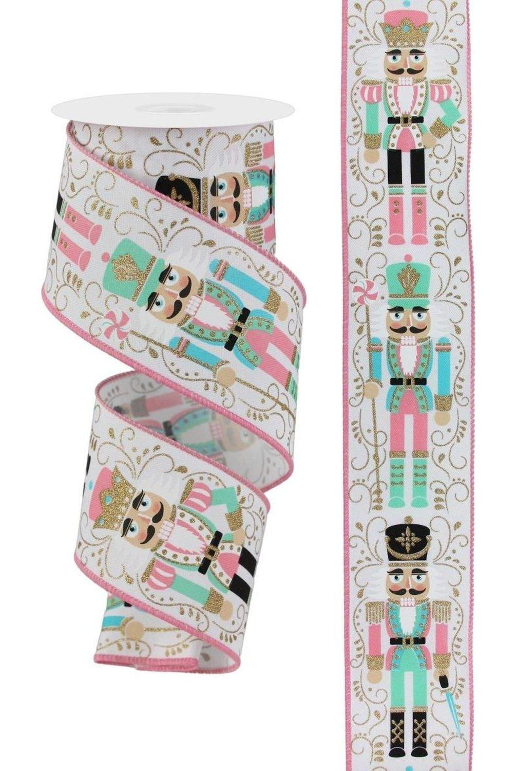 2.5" Nutcracker Ribbon: White/Pink (10 Yards)
