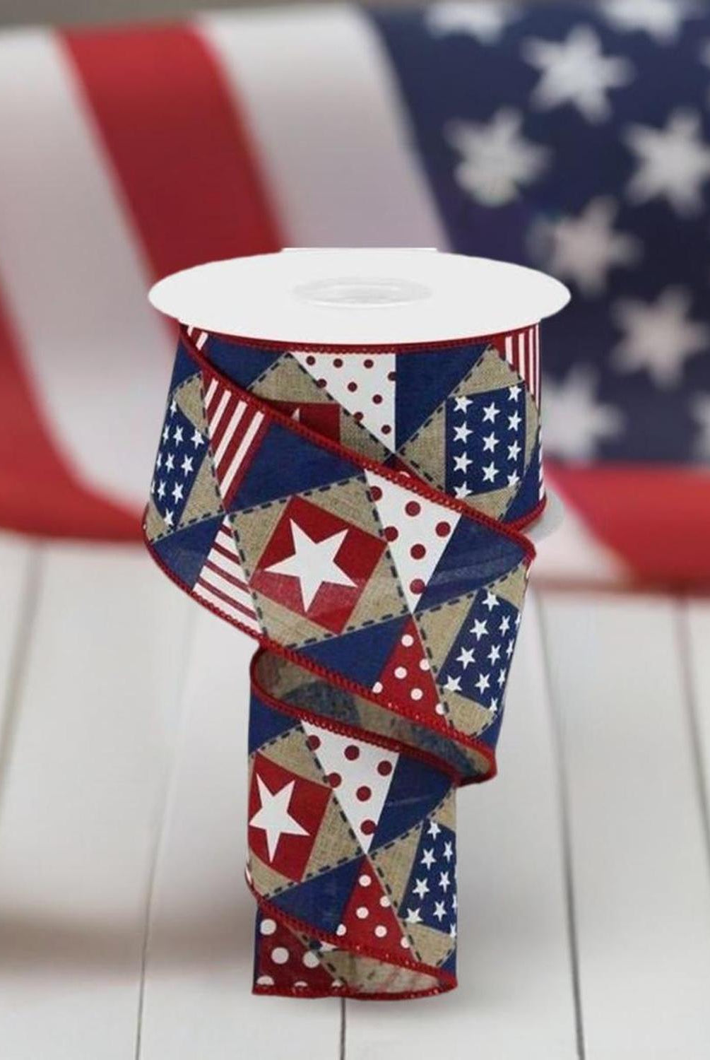 Shop For 2.5" Patriotic Patchwork Royal Ribbon: Natural (10 Yards) at Michelle's aDOORable Creations