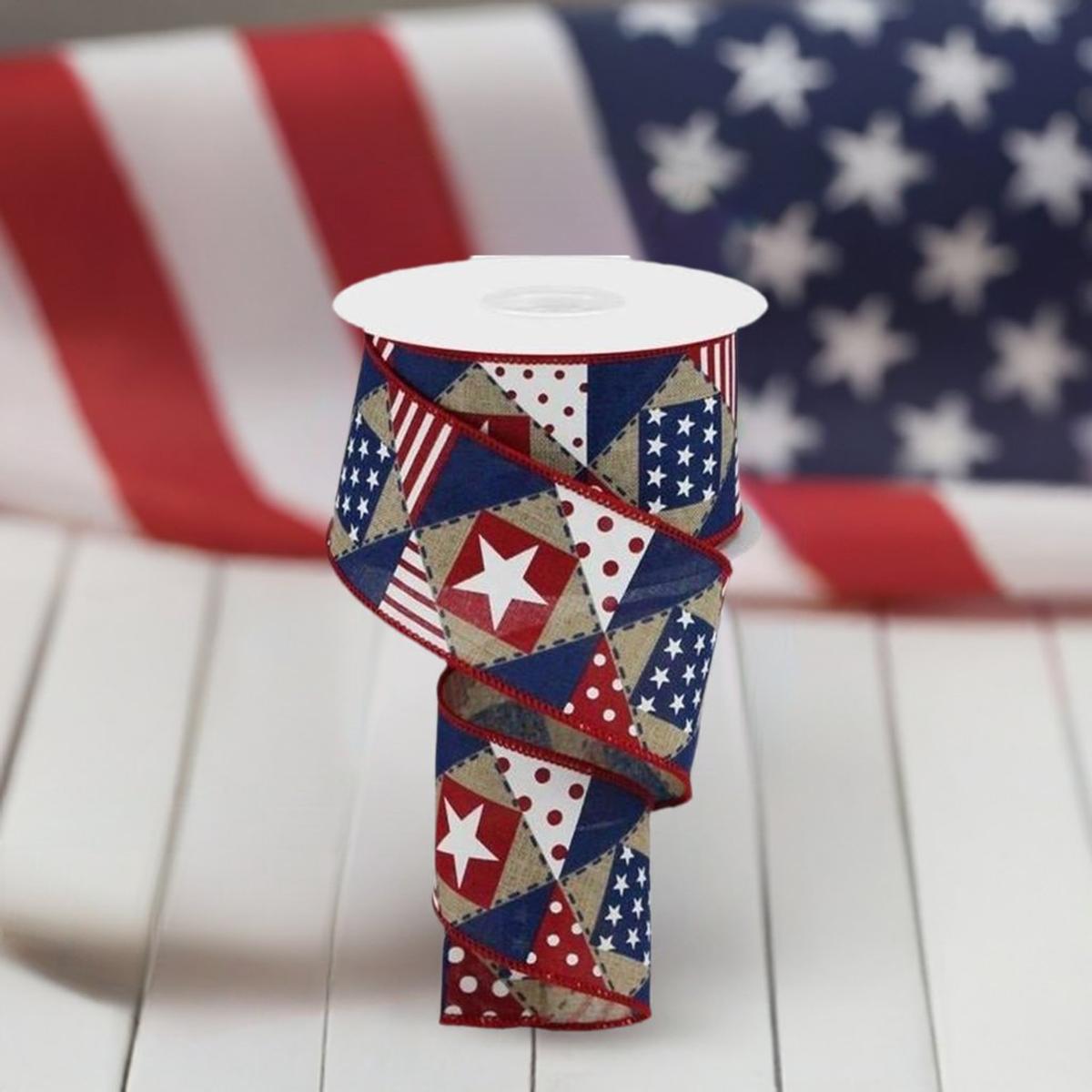 Shop For 2.5" Patriotic Patchwork Royal Ribbon: Natural (10 Yards) at Michelle's aDOORable Creations