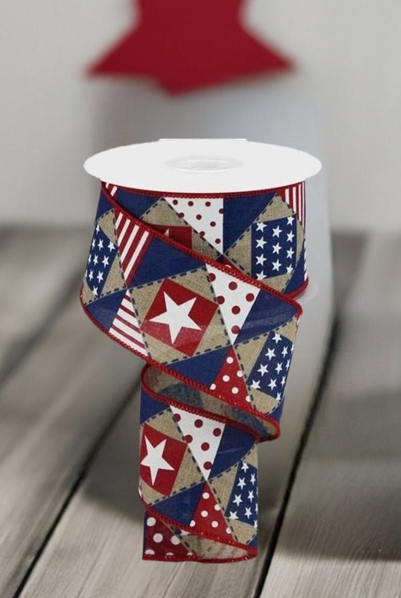 Shop For 2.5" Patriotic Patchwork Royal Ribbon: Natural (10 Yards) at Michelle's aDOORable Creations