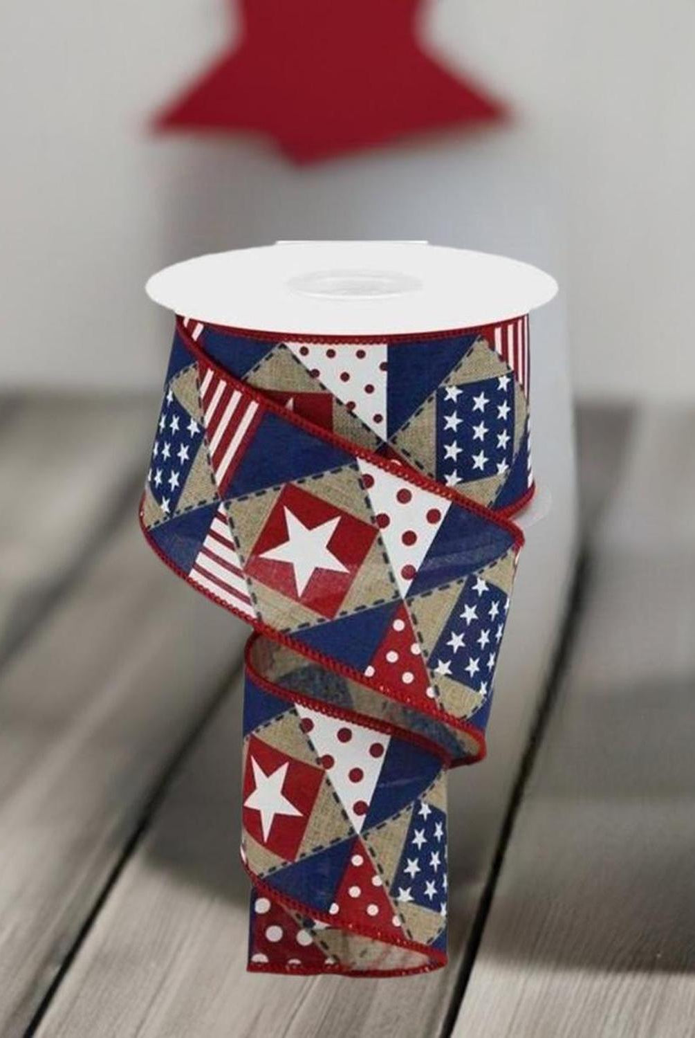 Shop For 2.5" Patriotic Patchwork Royal Ribbon: Natural (10 Yards) at Michelle's aDOORable Creations