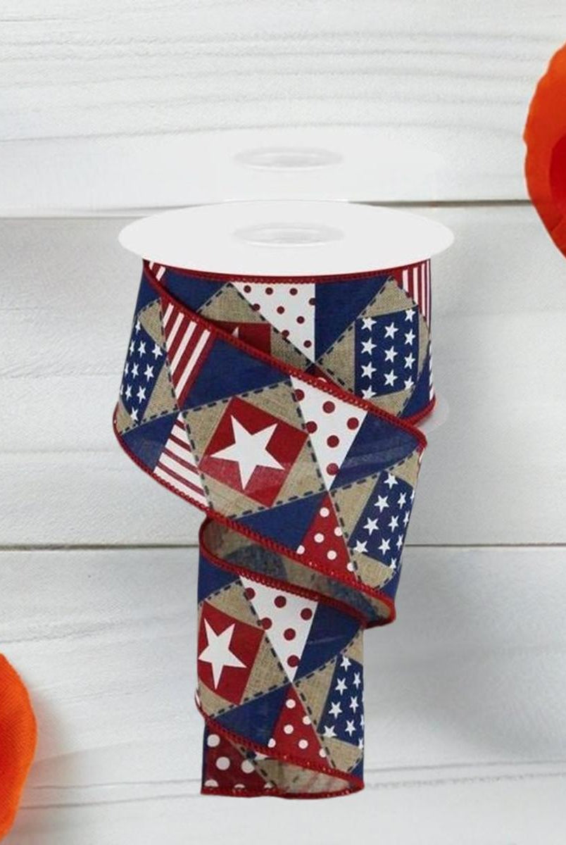 Shop For 2.5" Patriotic Patchwork Royal Ribbon: Natural (10 Yards) at Michelle's aDOORable Creations