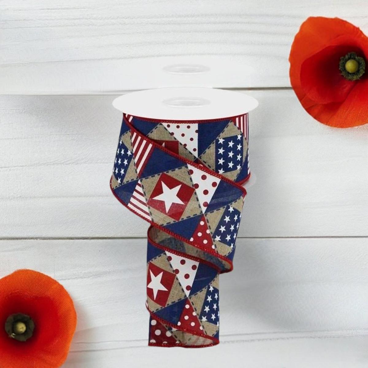 Shop For 2.5" Patriotic Patchwork Royal Ribbon: Natural (10 Yards) at Michelle's aDOORable Creations