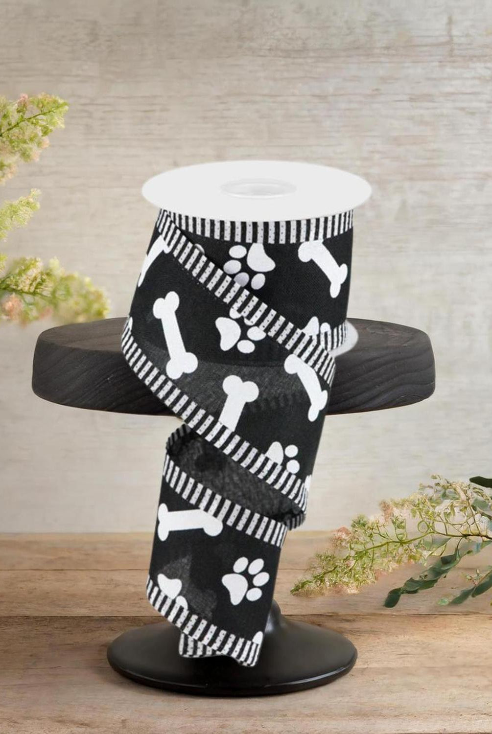 Shop For 2.5" Paw Print Thin Stripe Ribbon: Black & White (10 Yards)