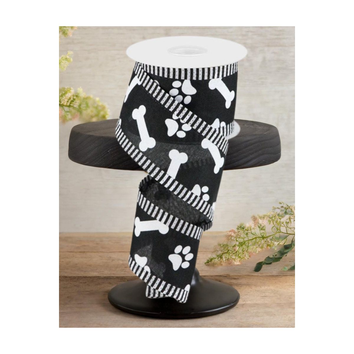 Shop For 2.5" Paw Print Thin Stripe Ribbon: Black & White (10 Yards)