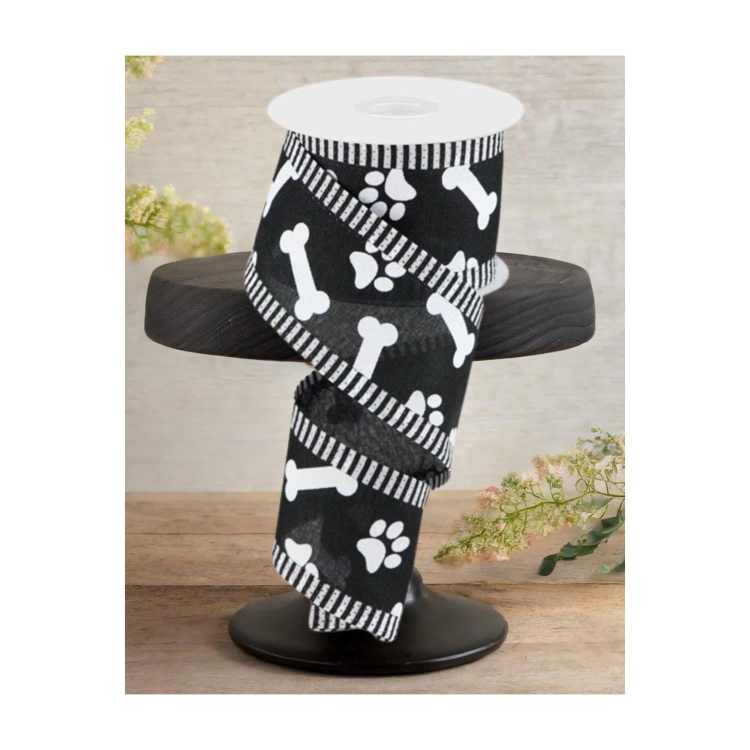 Shop For 2.5" Paw Print Thin Stripe Ribbon: Black & White (10 Yards)