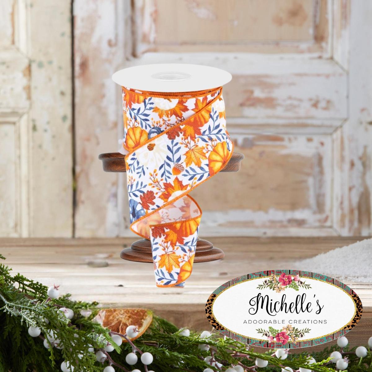 Shop For 2.5" Pumpkin Foliage Ribbon: White/Navy (10 Yards)