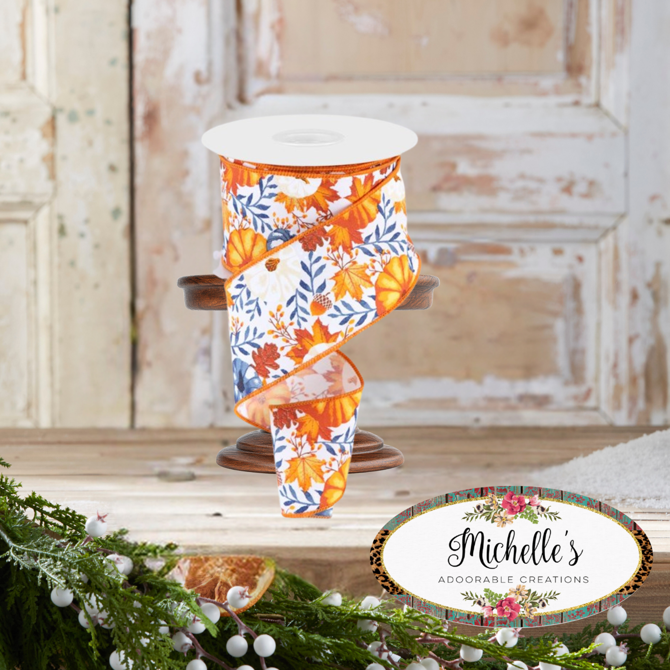 Shop For 2.5" Pumpkin Foliage Ribbon: White/Navy (10 Yards)