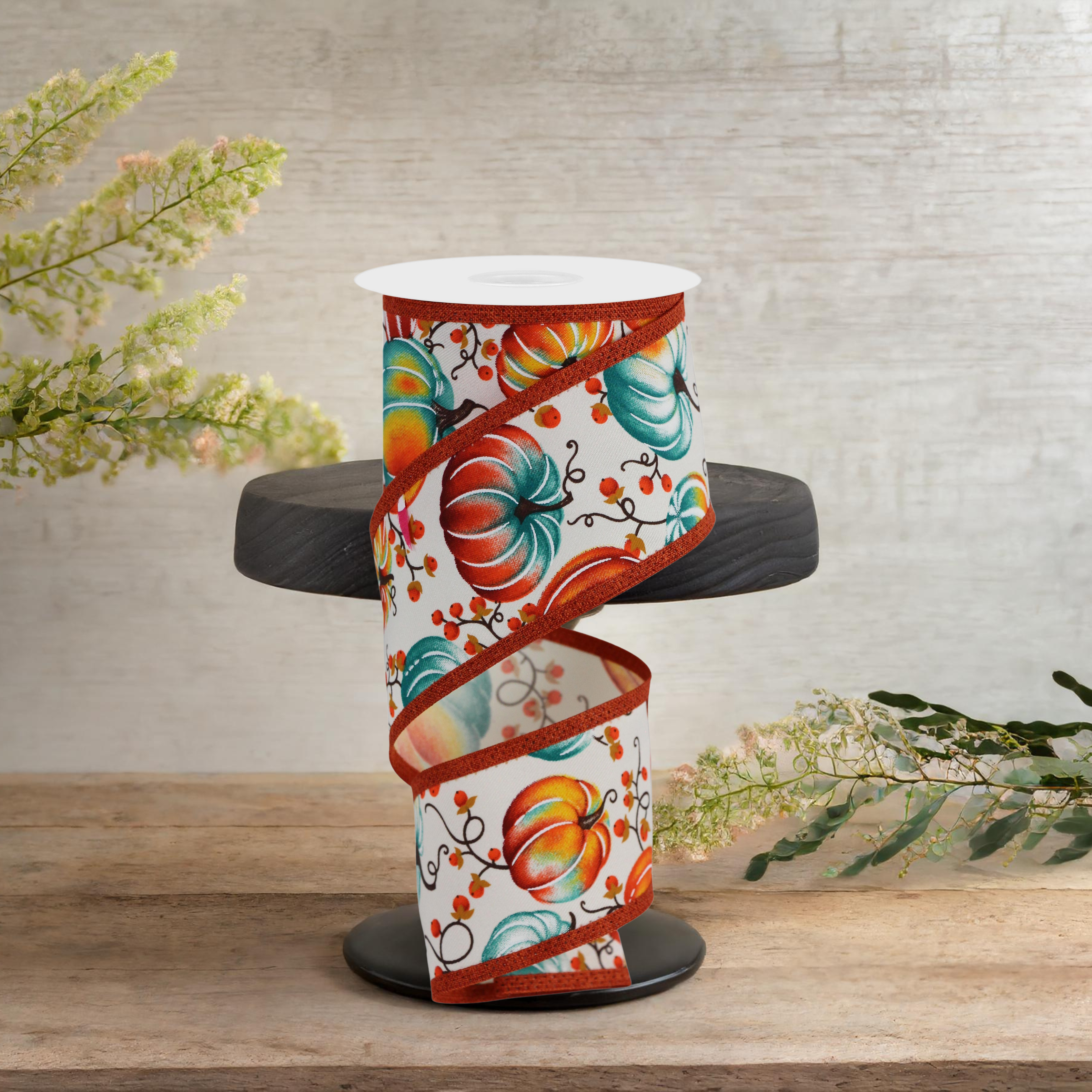 Shop For 2.5" Pumpkins Bittersweet Ribbon: Ivory/Teal (10 Yards)