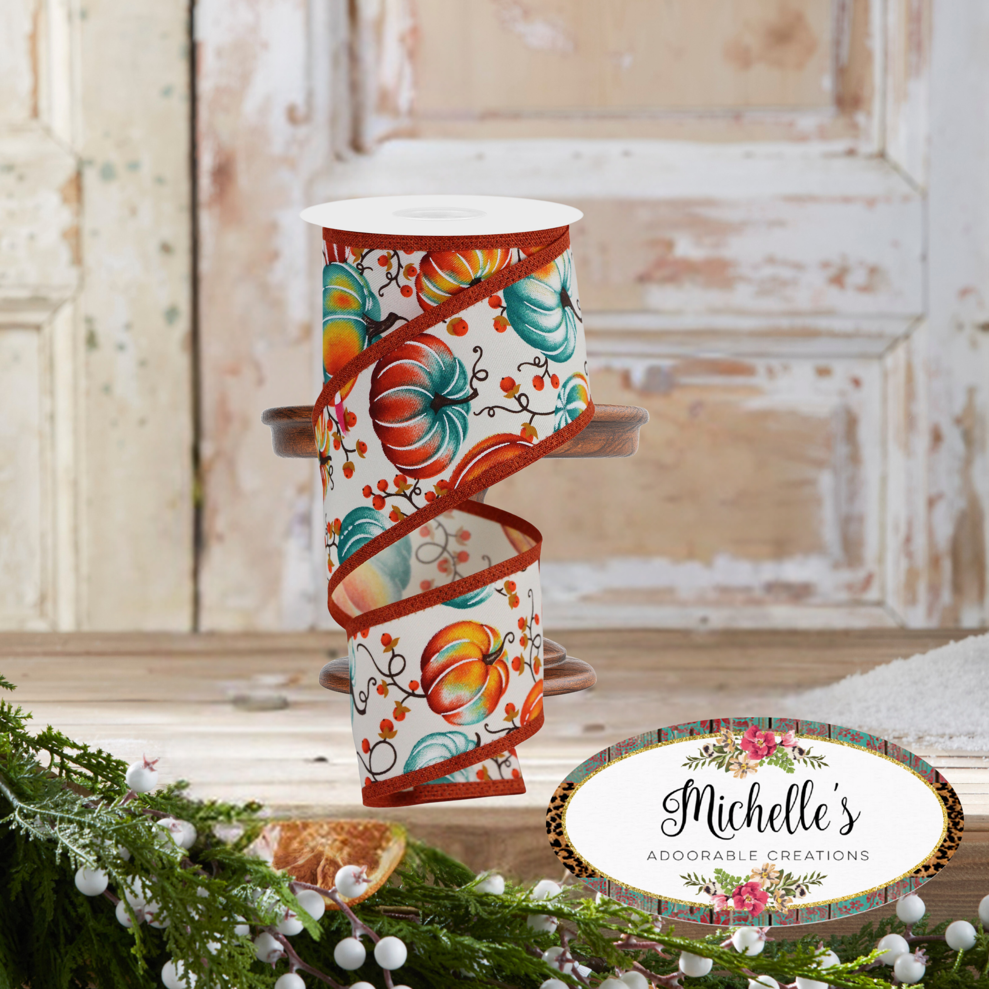 Shop For 2.5" Pumpkins Bittersweet Ribbon: Ivory/Teal (10 Yards)