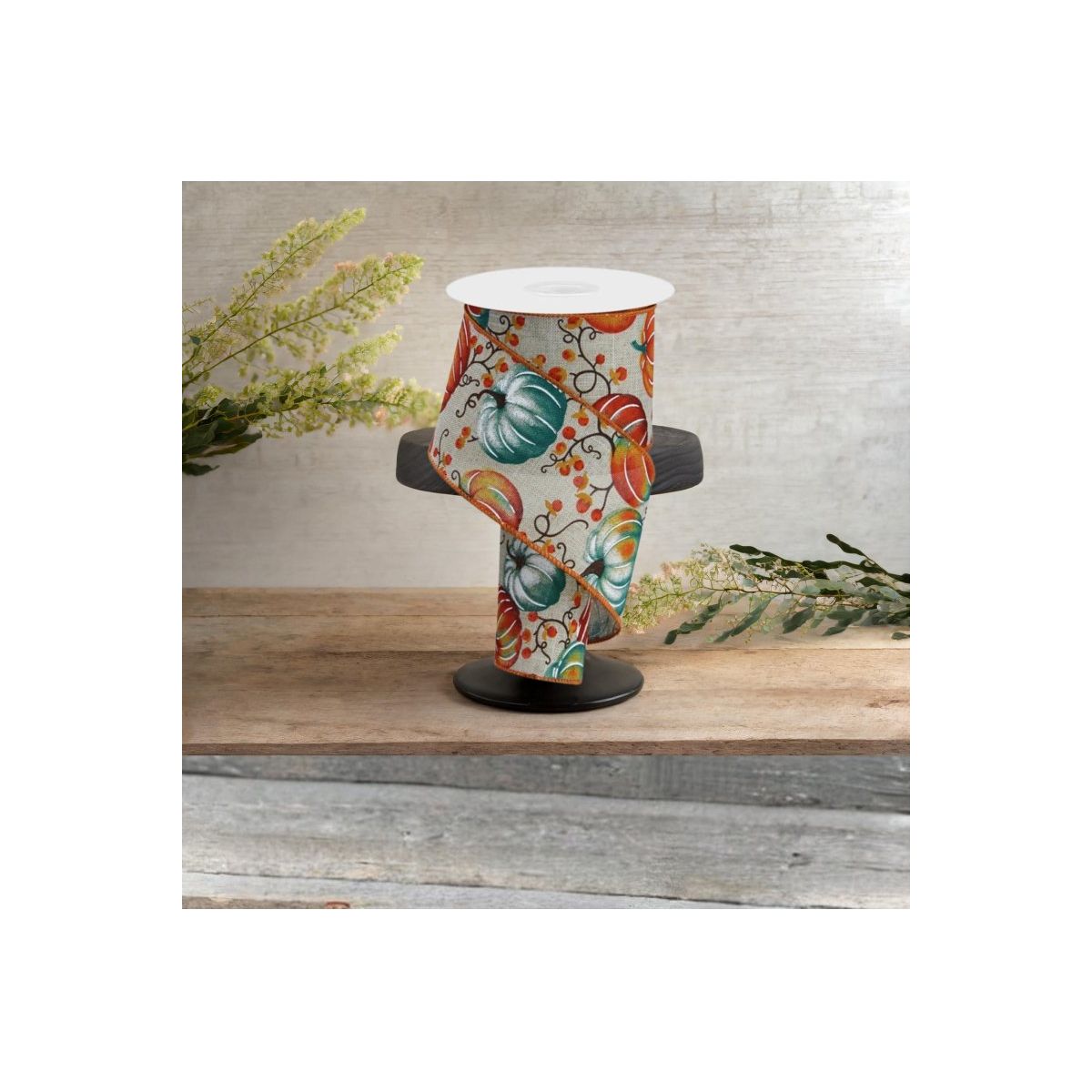 Shop For 2.5" Pumpkins Bittersweet Ribbon: Light Natural/Teal (10 Yards)