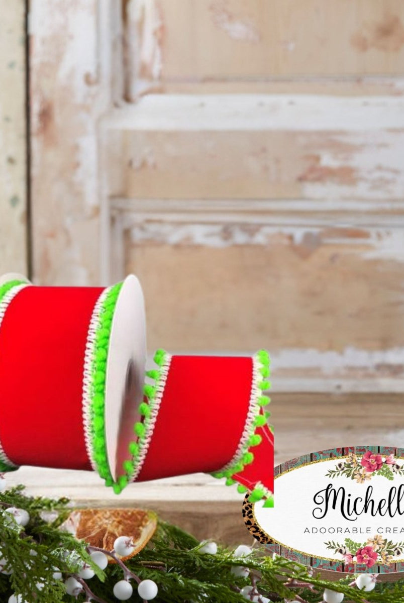 Shop For 2.5" Red Velvet Pom Ribbon: Lime Green (10 Yards)