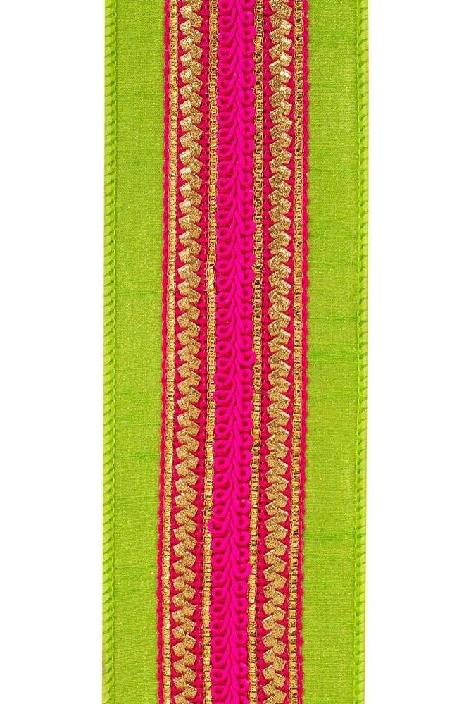 Shop For 2.5" Regal Stripe Trimming Dupioni Ribbon: Lime/Pink (5 Yards)