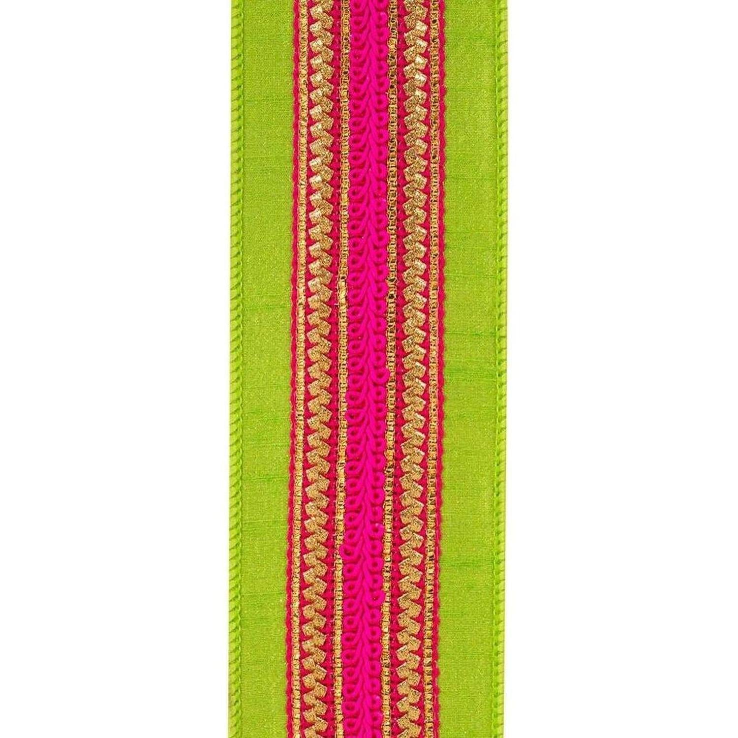 Shop For 2.5" Regal Stripe Trimming Dupioni Ribbon: Lime/Pink (5 Yards)