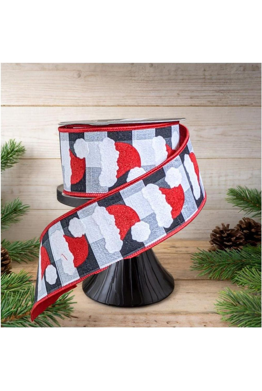2.5" Santa Hats on Check Ribbon: Black & White (10 Yards)