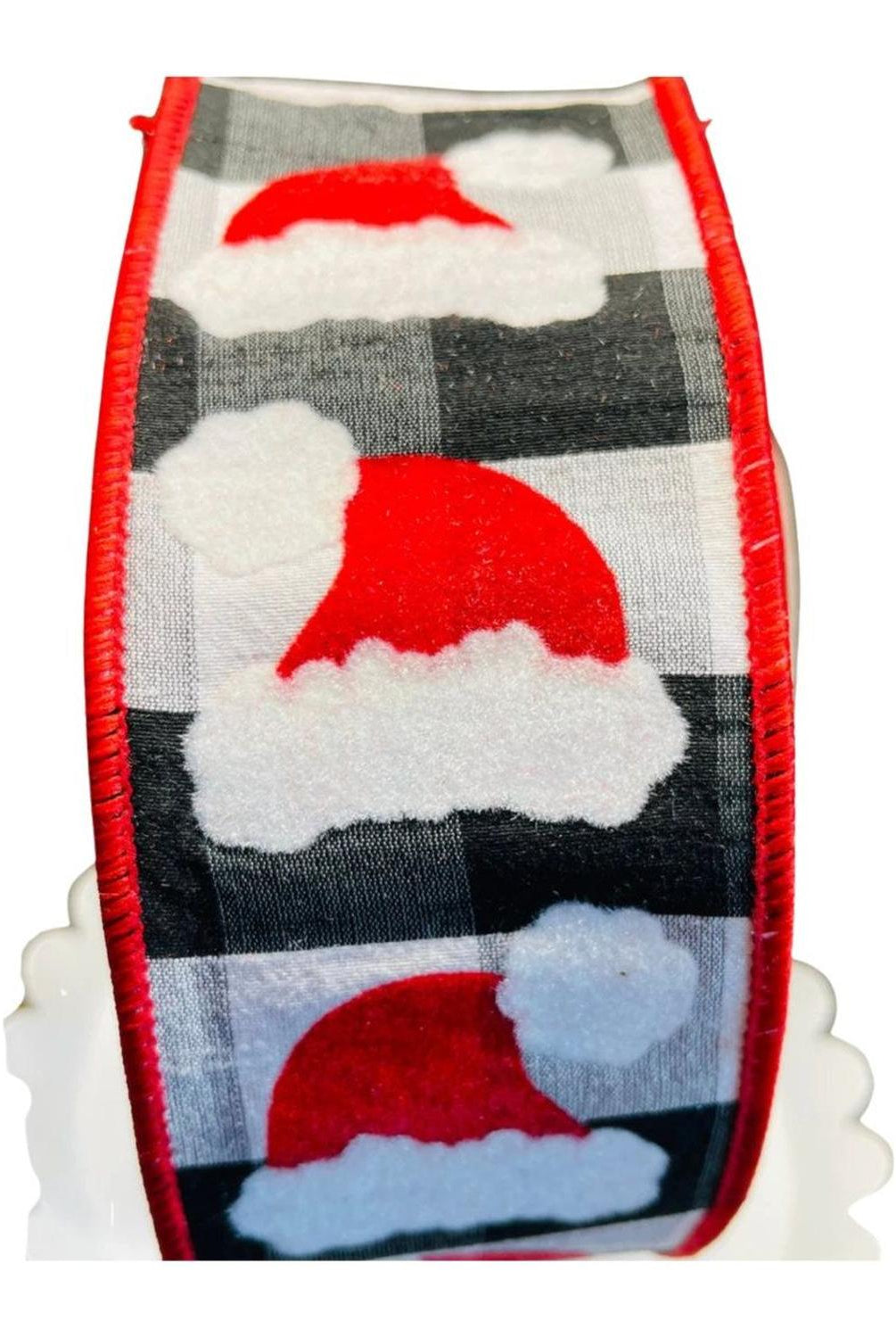 2.5" Santa Hats on Check Ribbon: Black & White (10 Yards)