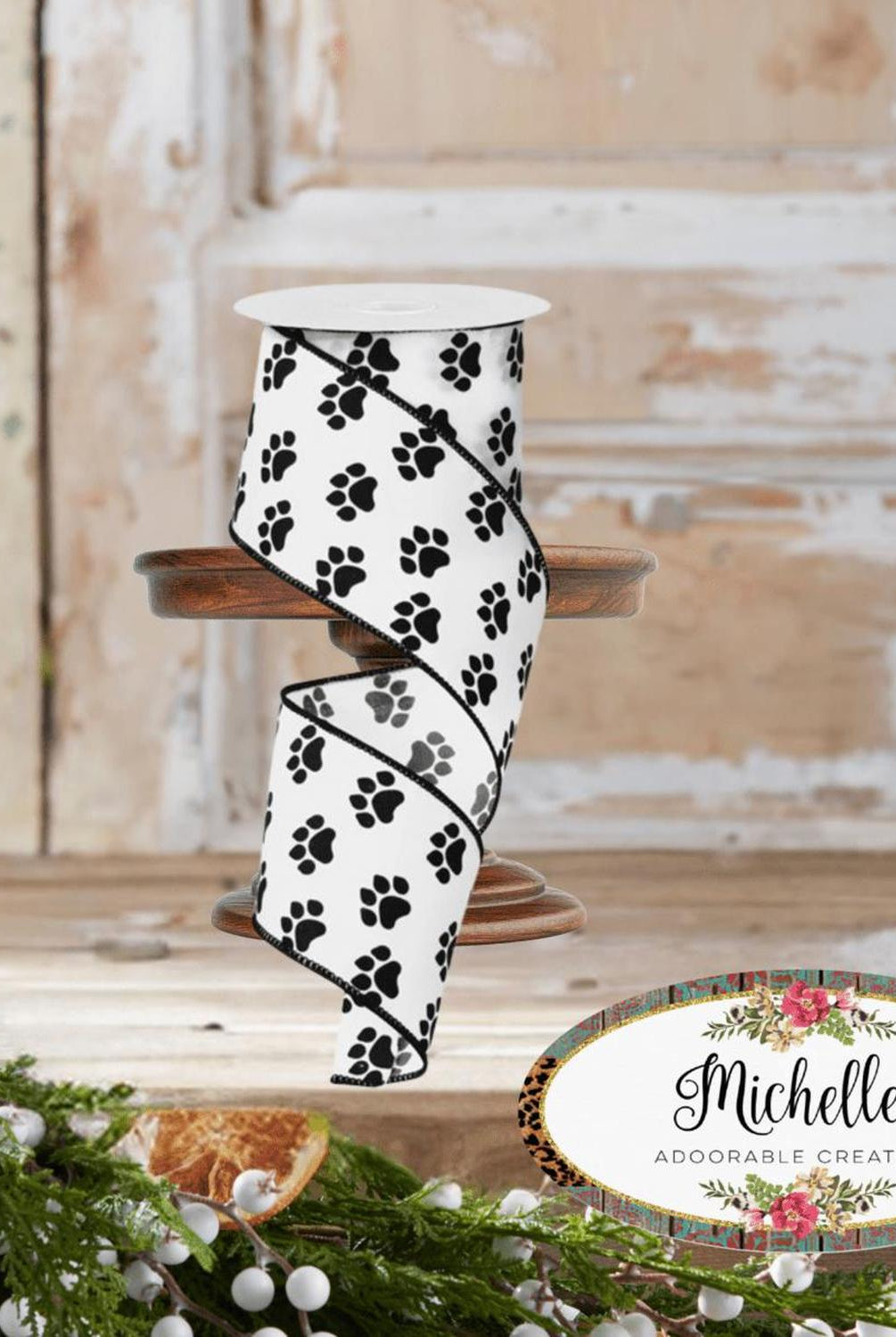 Shop For 2.5" Satin Paw Print Ribbon: Black & White (10 Yards)