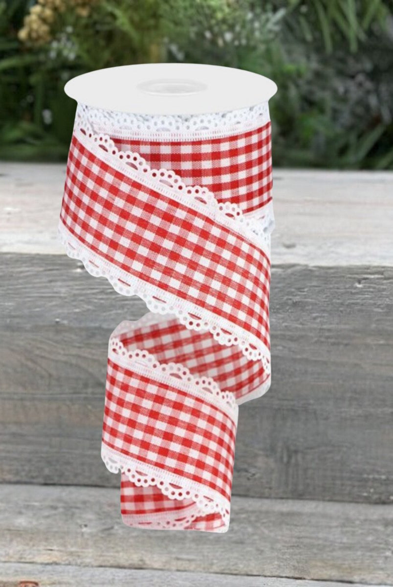 Shop For 2.5" Scalloped Edge Gingham Ribbon: Red & White (10 Yard) at Michelle's aDOORable Creations