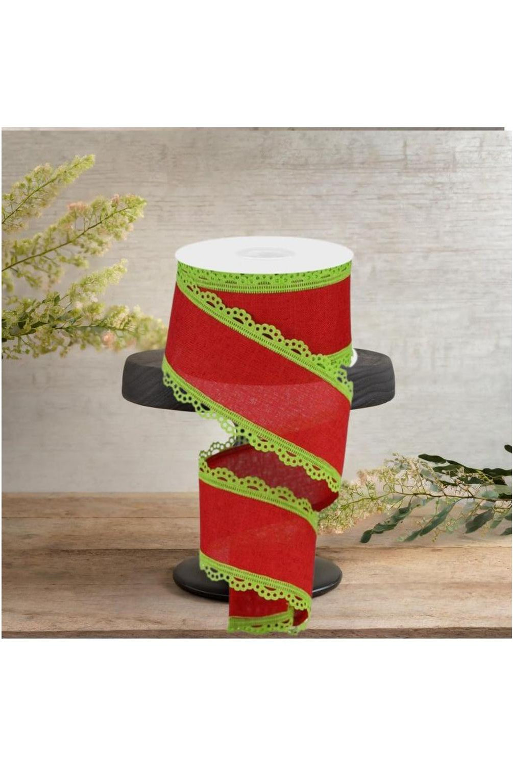 2.5" Scalloped Edge Ribbon: Red/Lime Green (10 Yards)