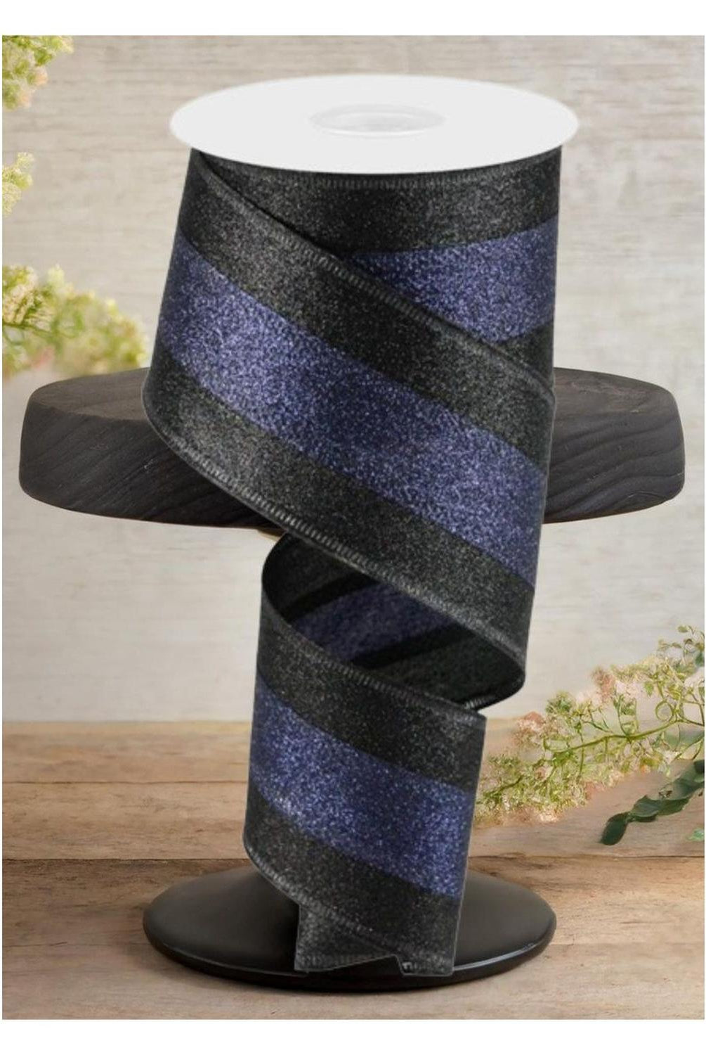 2.5" Shimmer Glitter Stripe Ribbon: Black & Navy Blue (10 Yards)