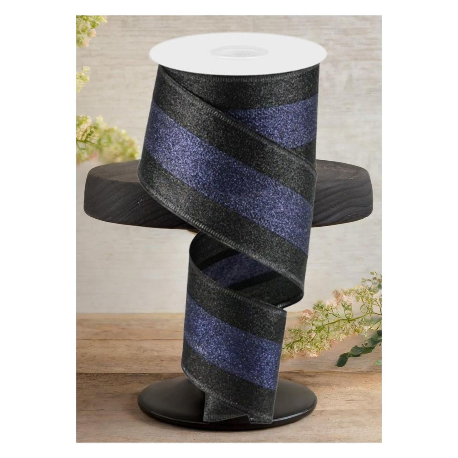 2.5" Shimmer Glitter Stripe Ribbon: Black & Navy Blue (10 Yards)