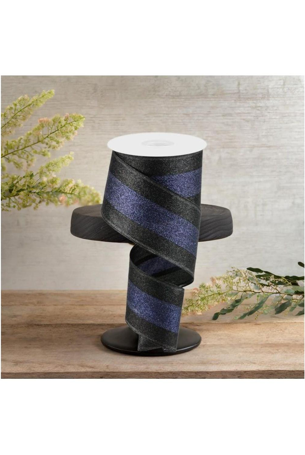 2.5" Shimmer Glitter Stripe Ribbon: Black & Navy Blue (10 Yards)