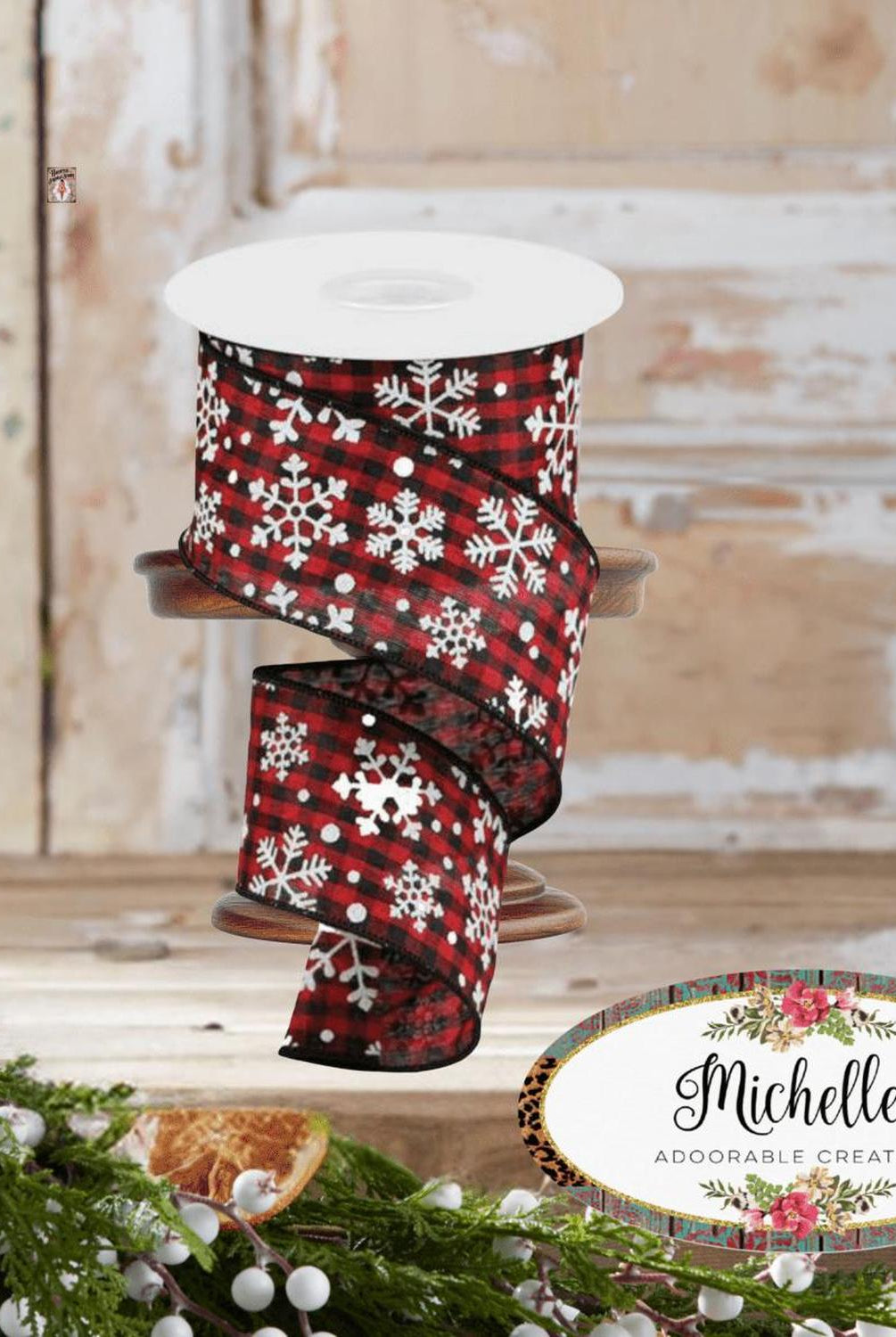 2.5" Snowflake Ribbon: Black & Red (10 Yards)