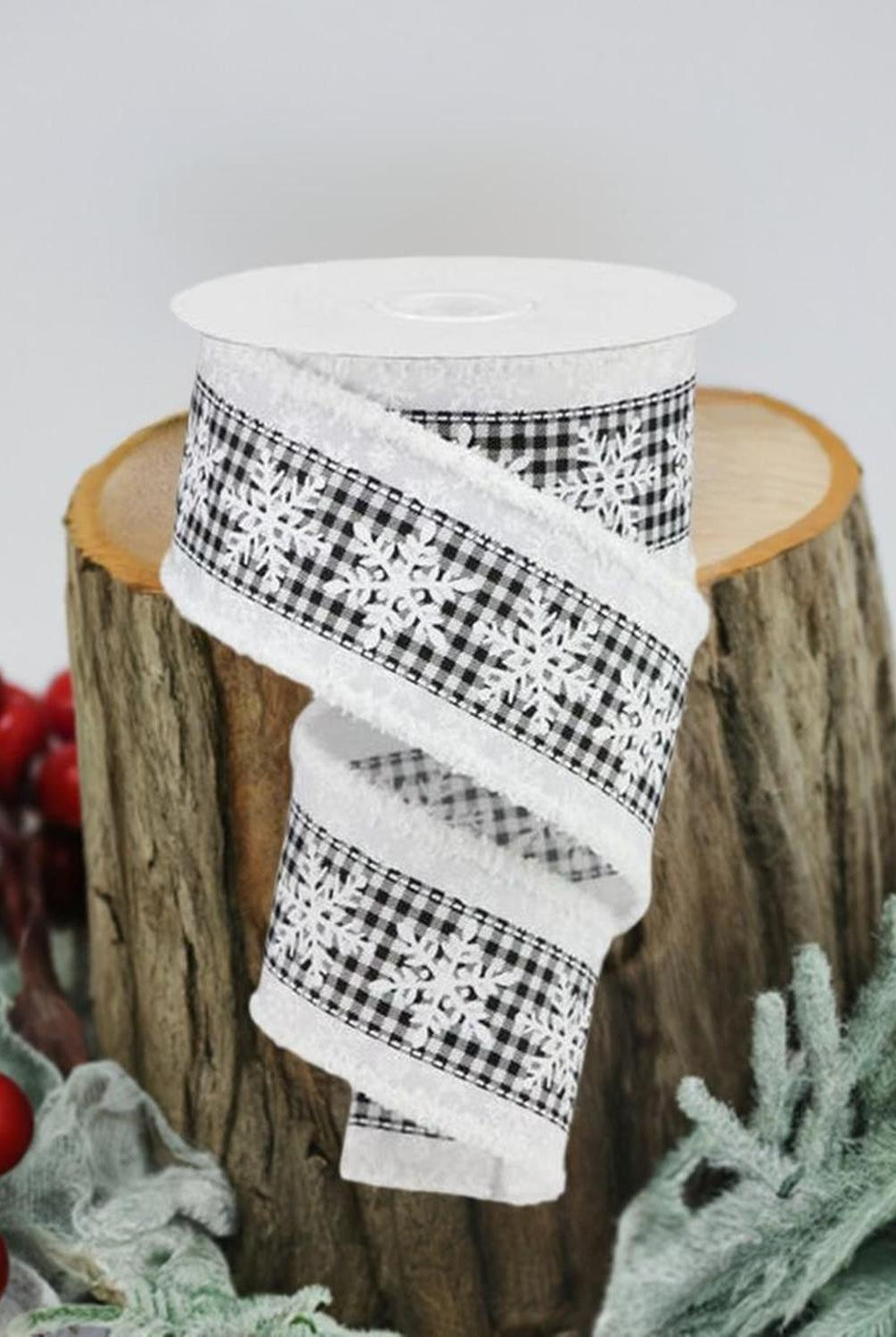 2.5" Snowflakes Check Drift Ribbon: White (10 Yards)
