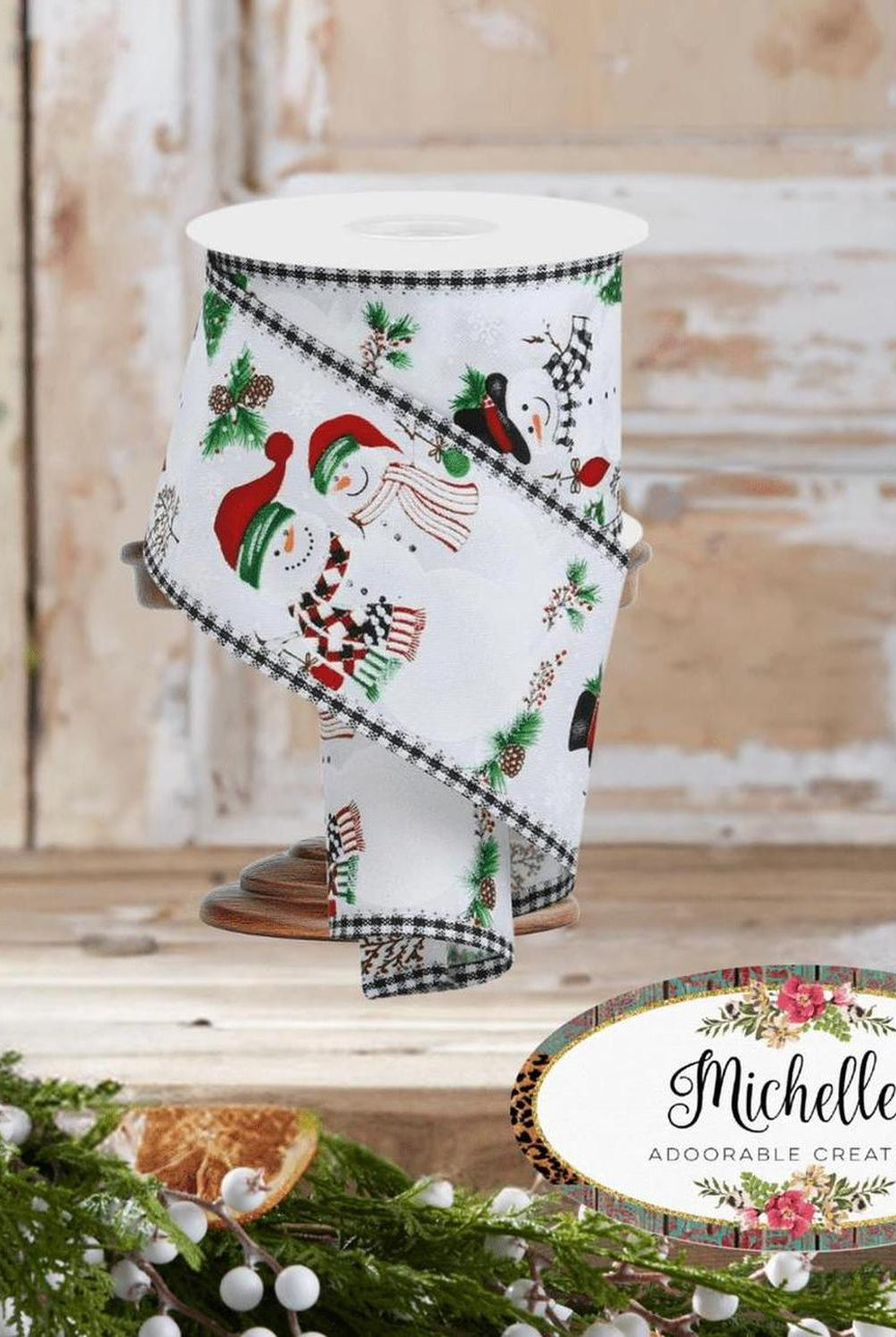 2.5" Snowman Ornaments Gingham Ribbon: White (10 Yards)