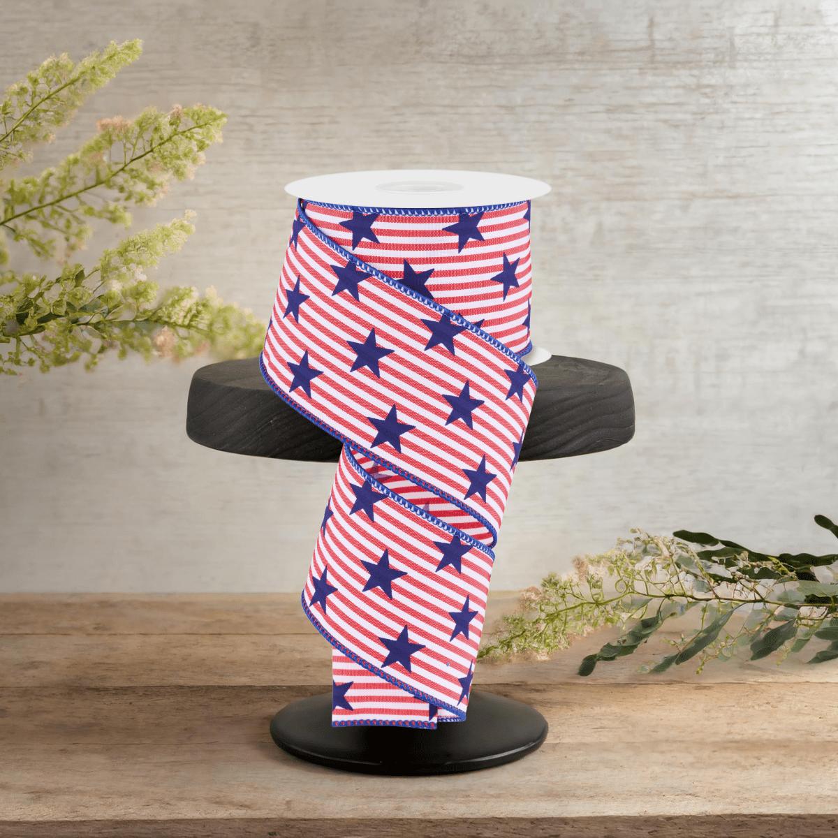 Shop For 2.5" Stars On Woven Stripe: Navy Blue (10 Yards)