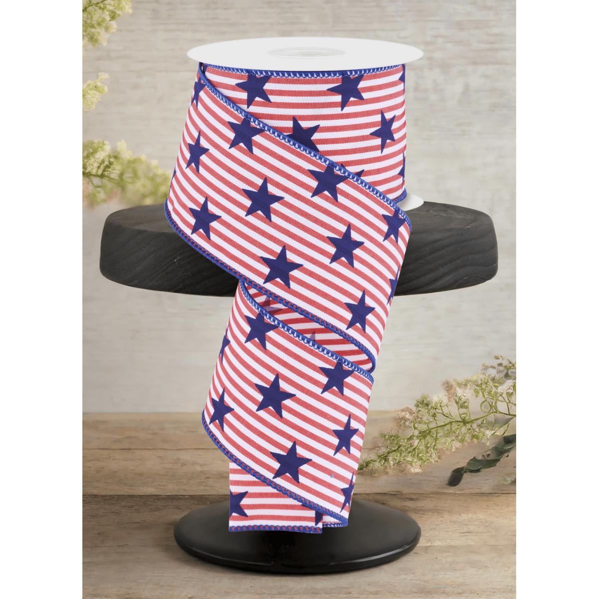 Shop For 2.5" Stars On Woven Stripe: Navy Blue (10 Yards)