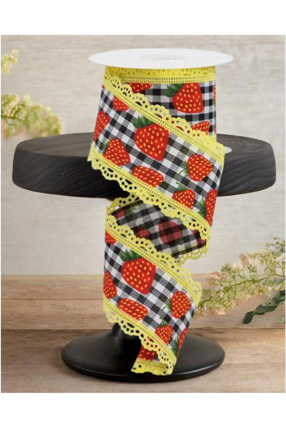 2.5" Strawberries Check Lace Ribbon: Black & White (10 Yards)