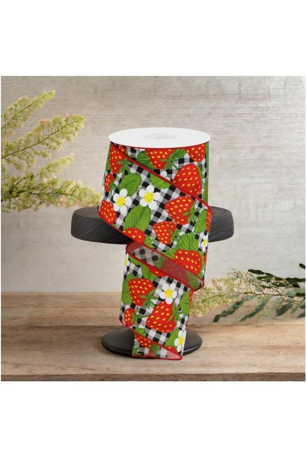 2.5" Strawberries on Check Ribbon: Black & White (10 Yards)