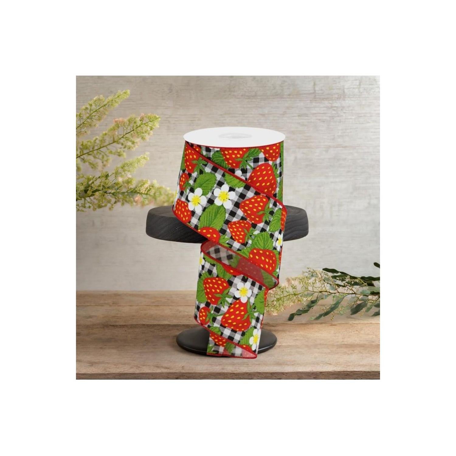 Shop For 2.5" Strawberries on Check Ribbon: Black & White (10 Yards)