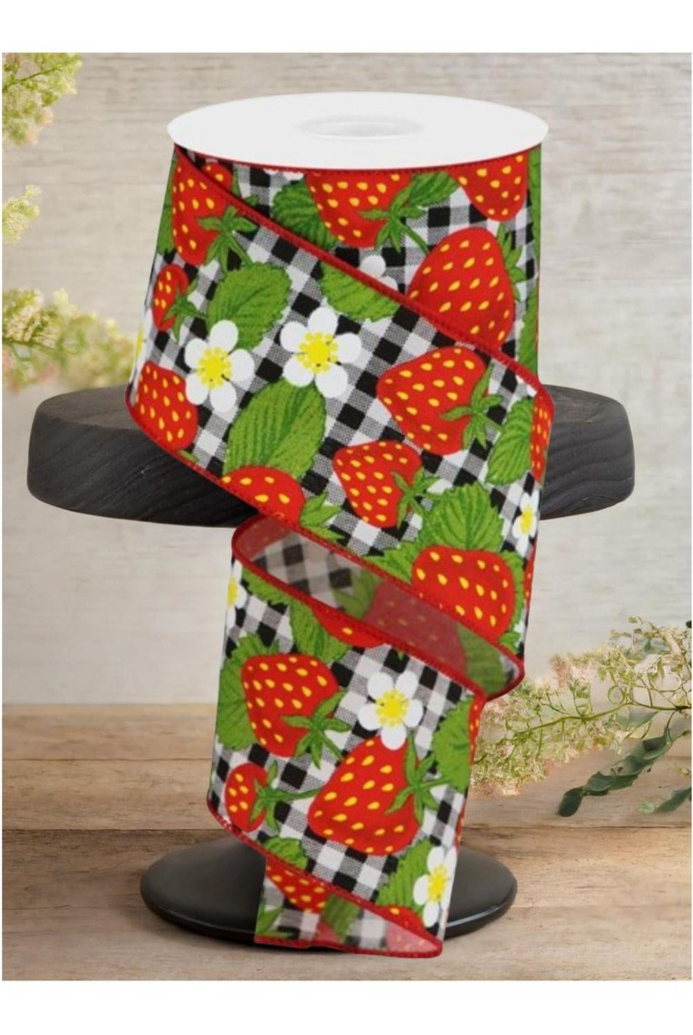 2.5" Strawberries on Check Ribbon: Black & White (10 Yards)