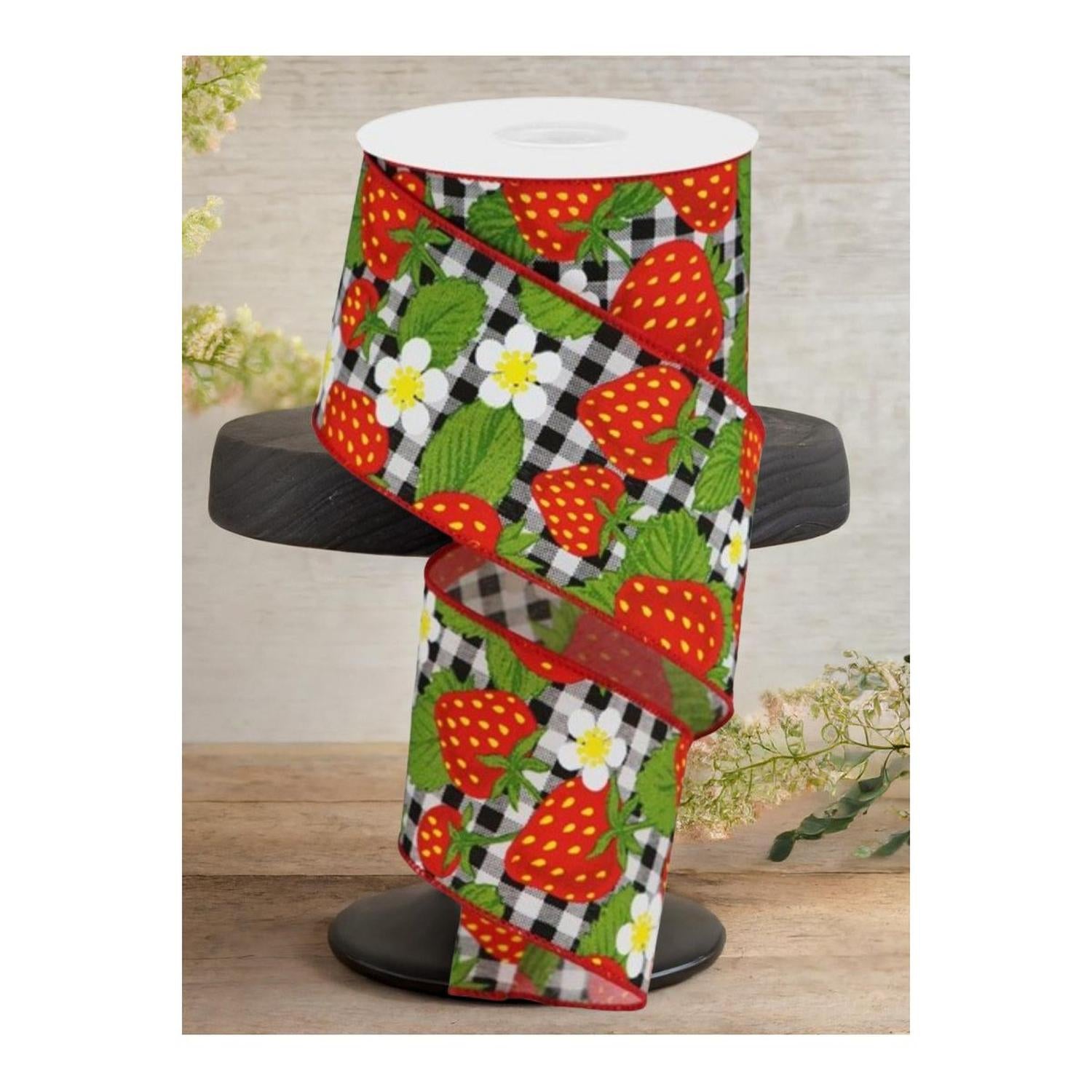 Shop For 2.5" Strawberries on Check Ribbon: Black & White (10 Yards)