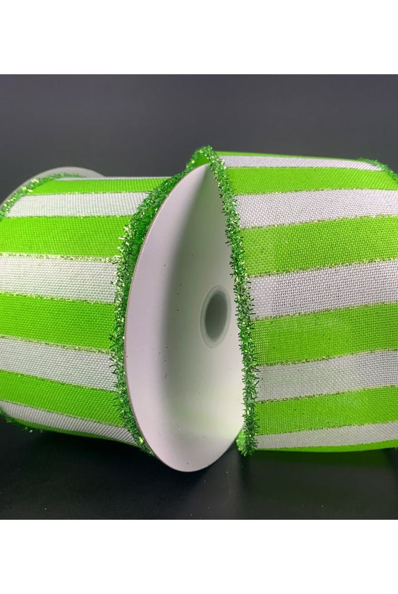 Shop For 2.5" Stripe Tinsel Edge Ribbon: Lime & White (10 Yards) at Michelle's aDOORable Creations
