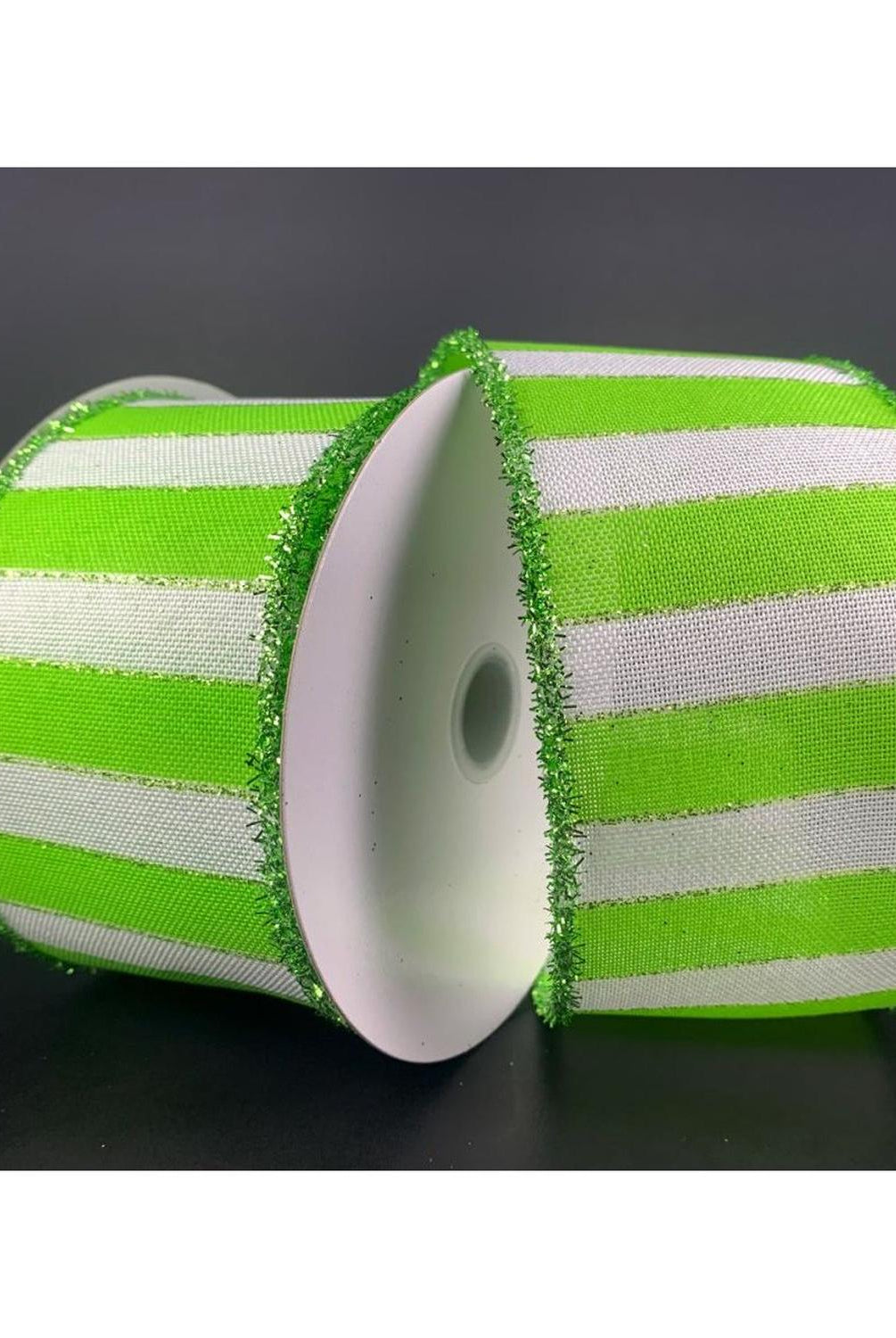 Shop For 2.5" Stripe Tinsel Edge Ribbon: Lime & White (10 Yards) at Michelle's aDOORable Creations