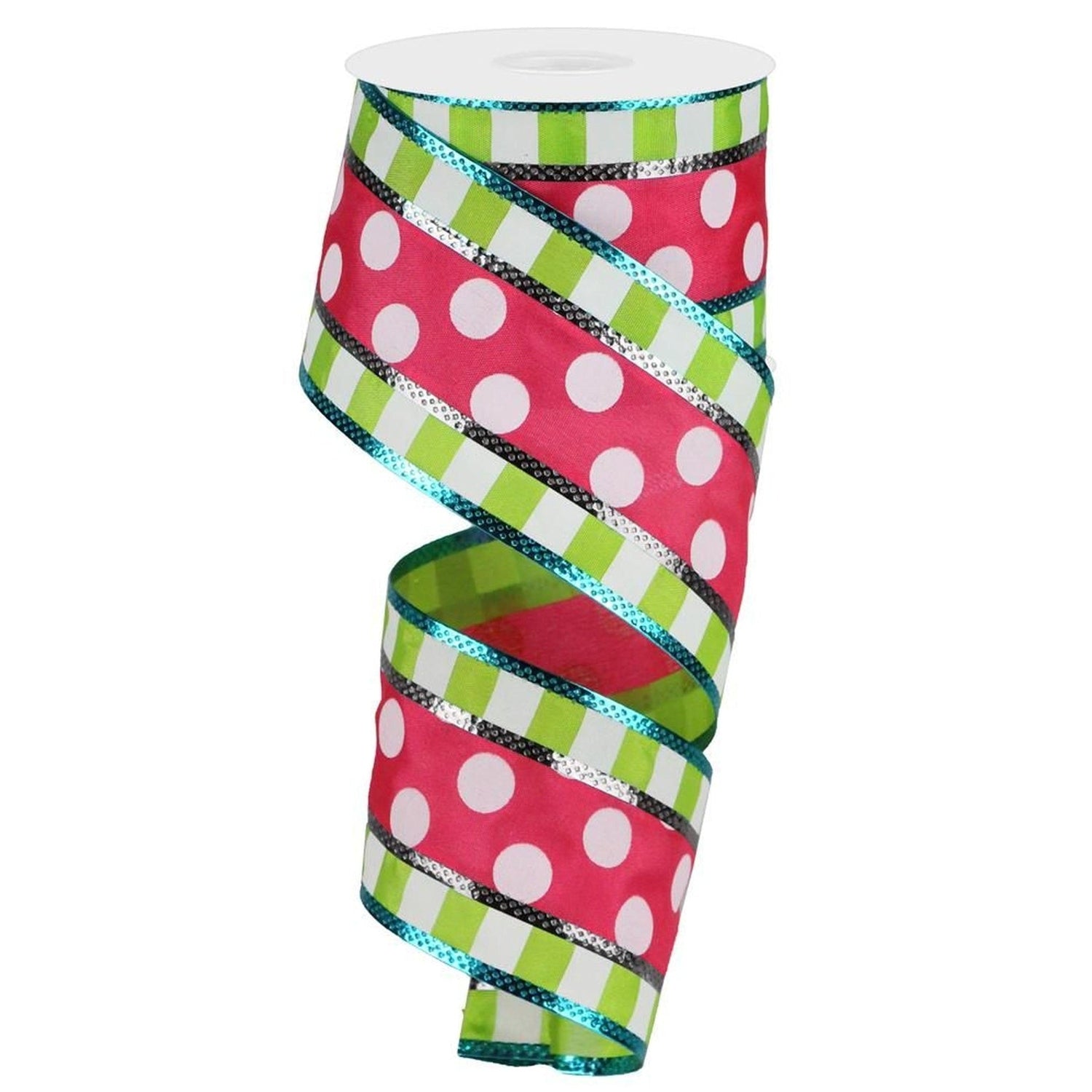 2.5" Striped Edge Polka Dot Ribbon: Pink, Lime Green, & White (10 Yards)