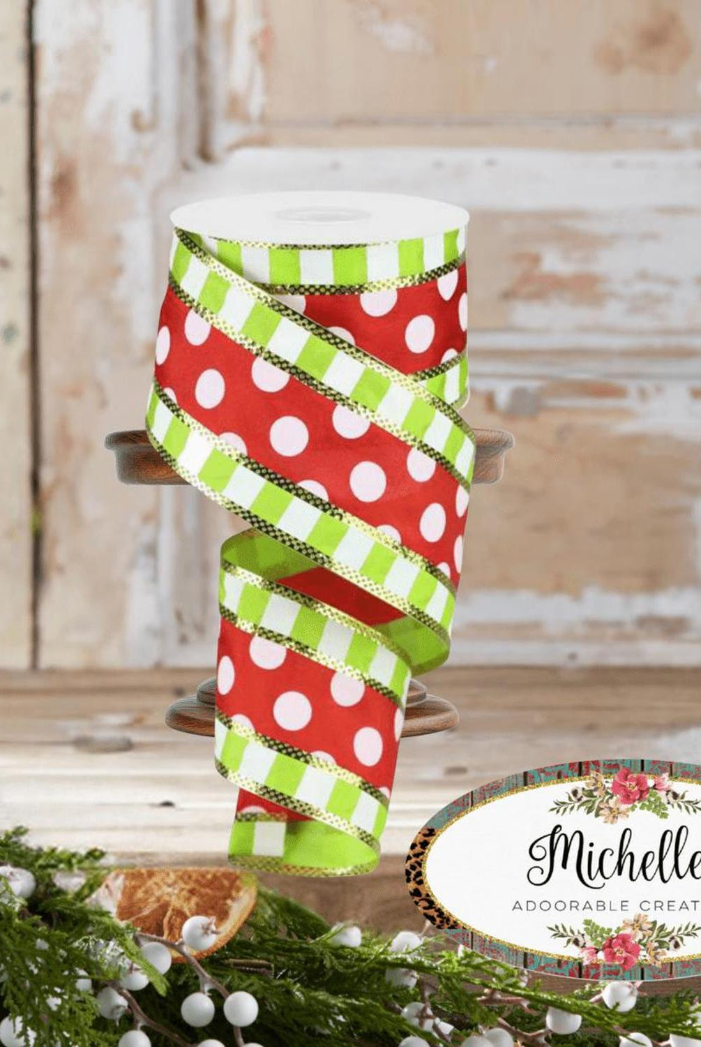 Shop For 2.5" Striped Edge Polka Dot Ribbon: Red, Lime & White (10 Yards)