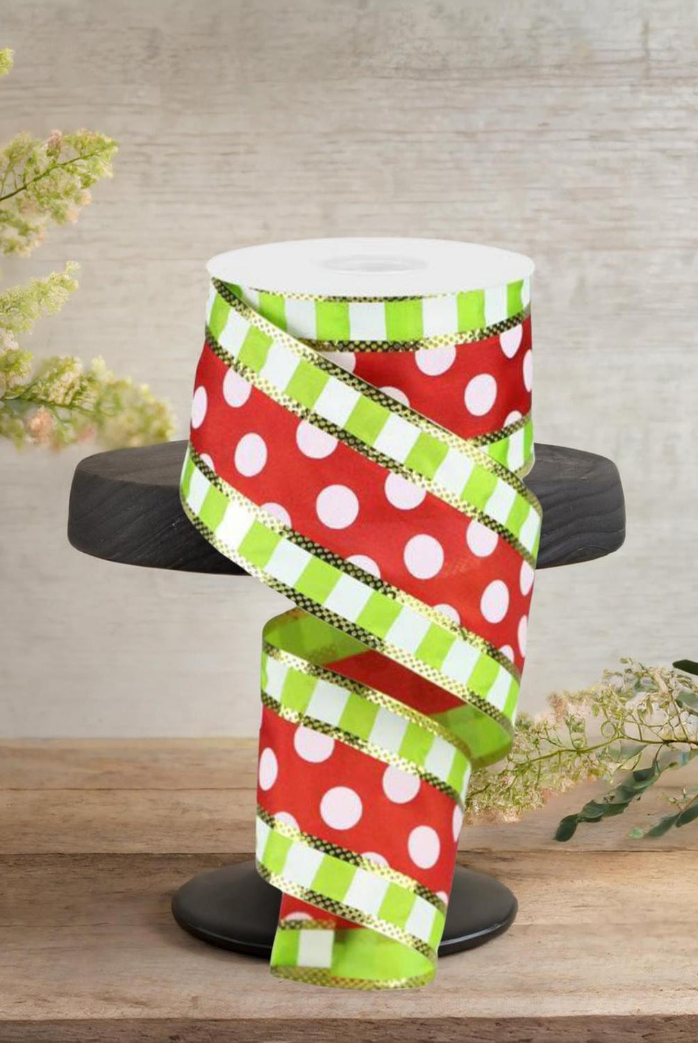 Shop For 2.5" Striped Edge Polka Dot Ribbon: Red, Lime & White (10 Yards)
