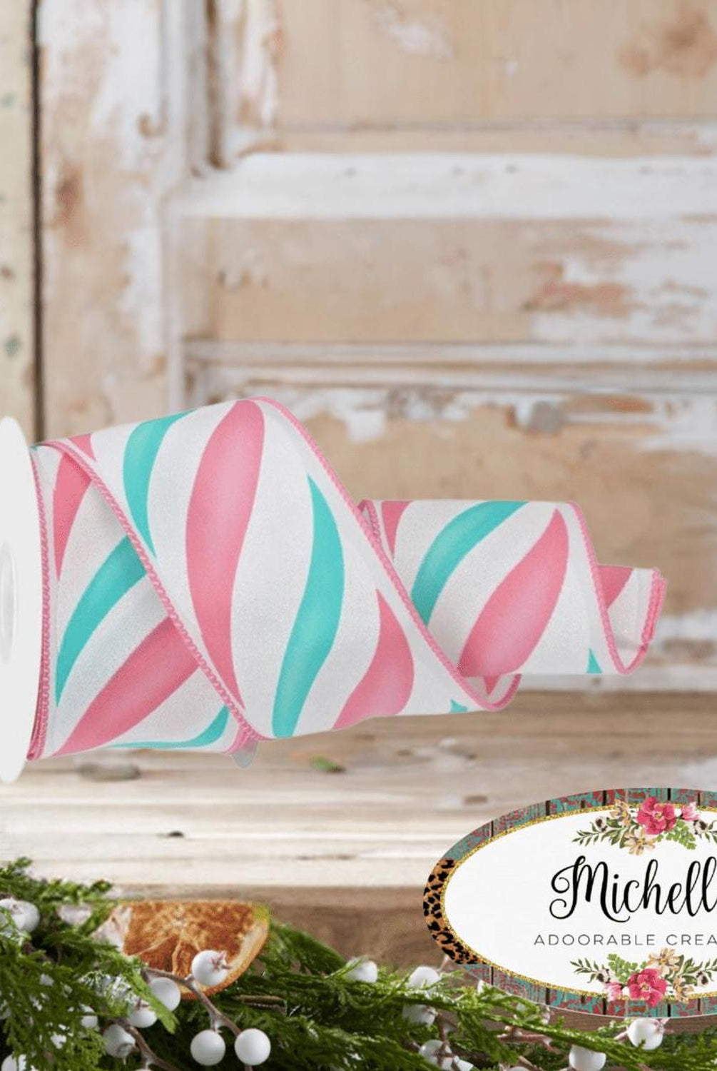 2.5" Swirl Candy Stripe Ribbon: Pink/Ice Blue (10 Yards)