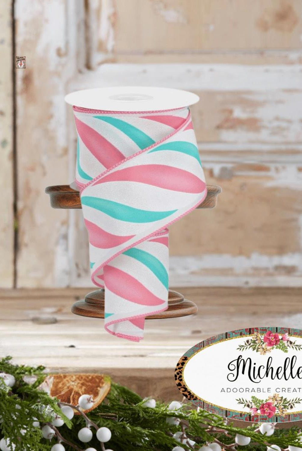 2.5" Swirl Candy Stripe Ribbon: Pink/Ice Blue (10 Yards)