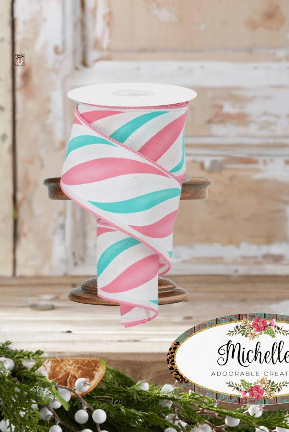 2.5" Swirl Candy Stripe Ribbon: Pink/Ice Blue (10 Yards)