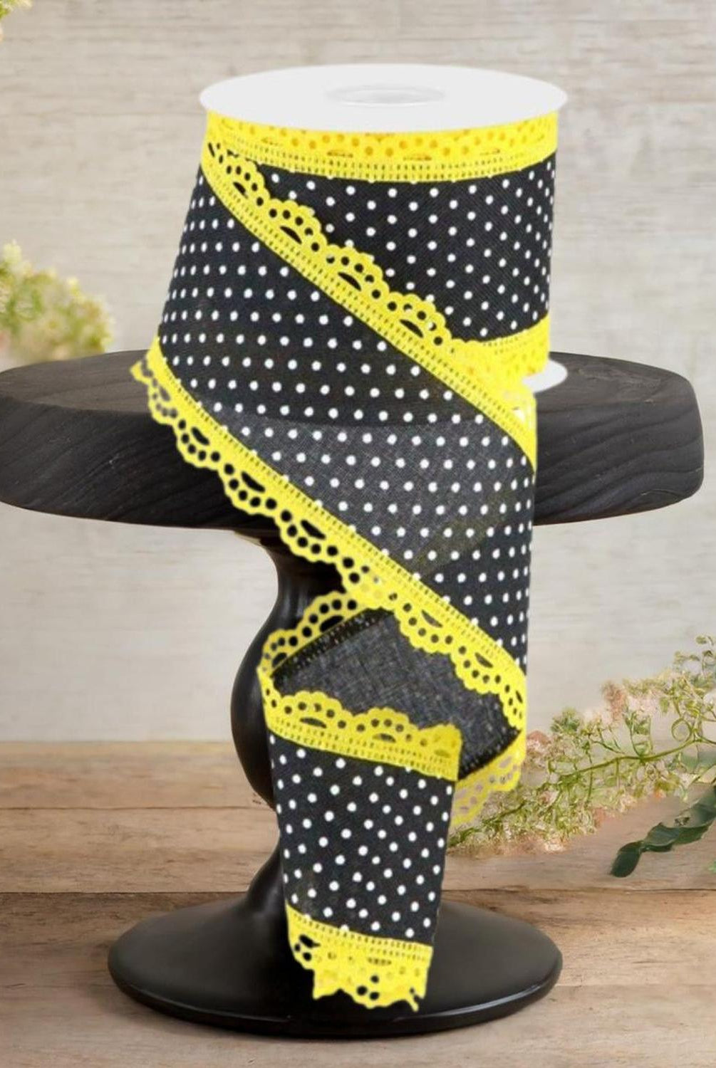 2.5" Swiss Dots Lace Edge Ribbon: Black/Yellow (10 Yards)