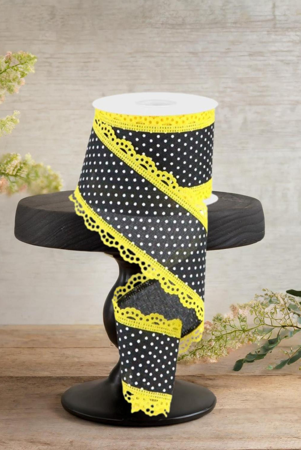 2.5" Swiss Dots Lace Edge Ribbon: Black/Yellow (10 Yards)