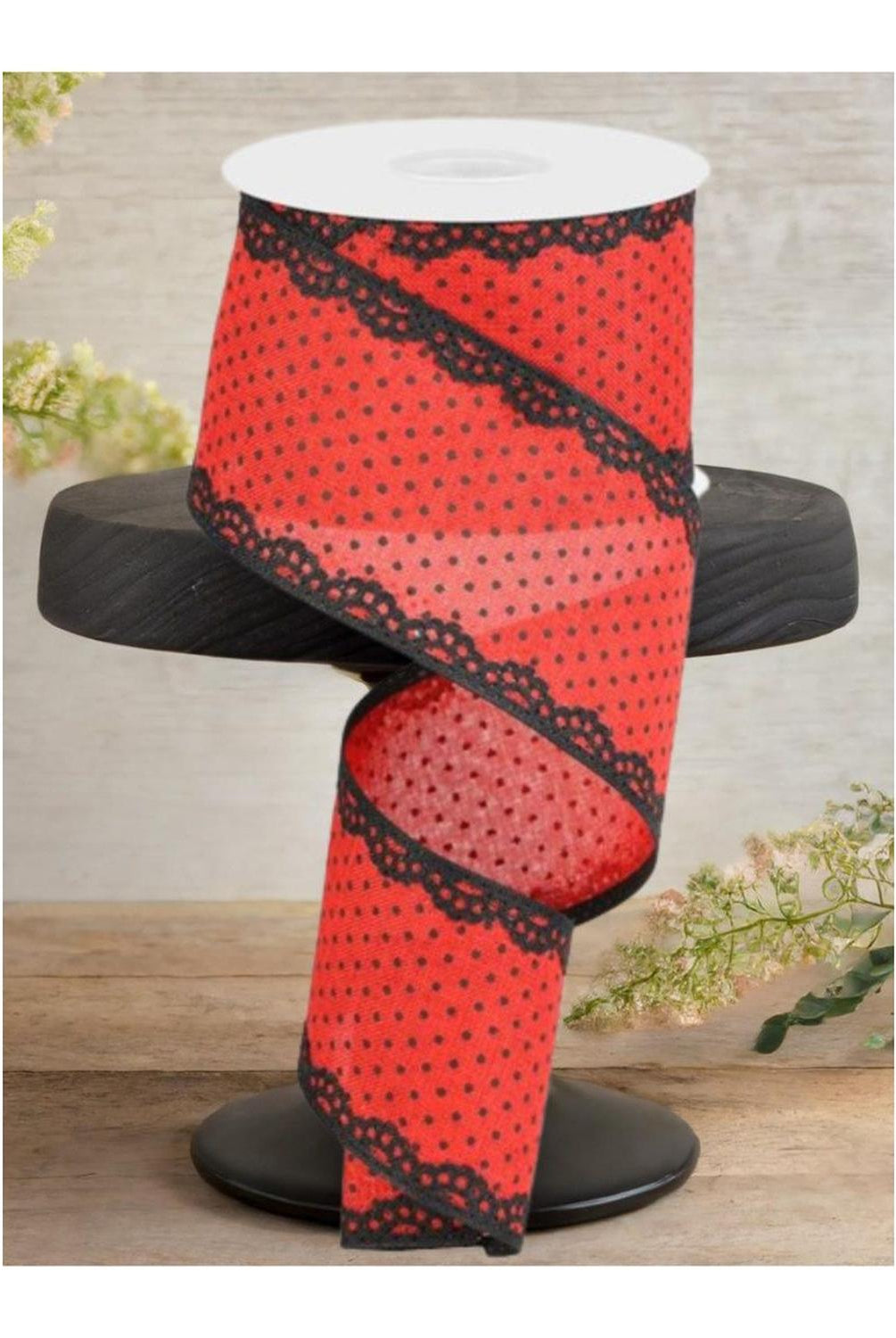 2.5" Swiss Dots Lace Edge Ribbon: Red (10 Yards)