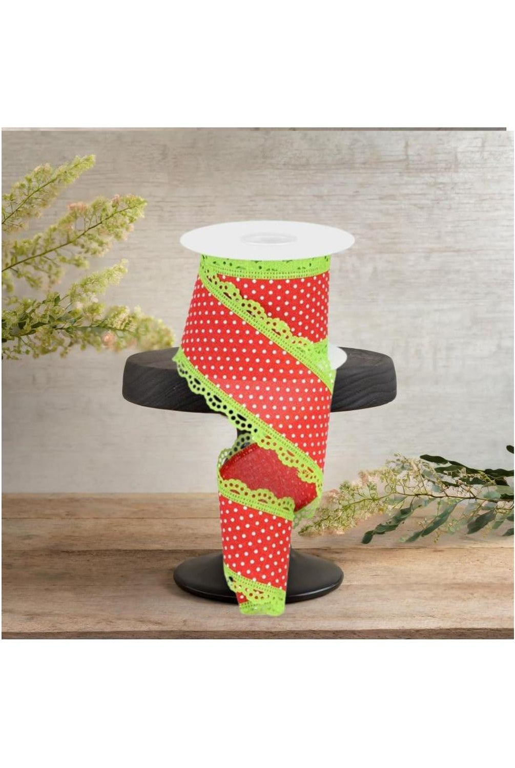 2.5" Swiss Dots Lace Edge Ribbon: Red/Lime Green (10 Yards)